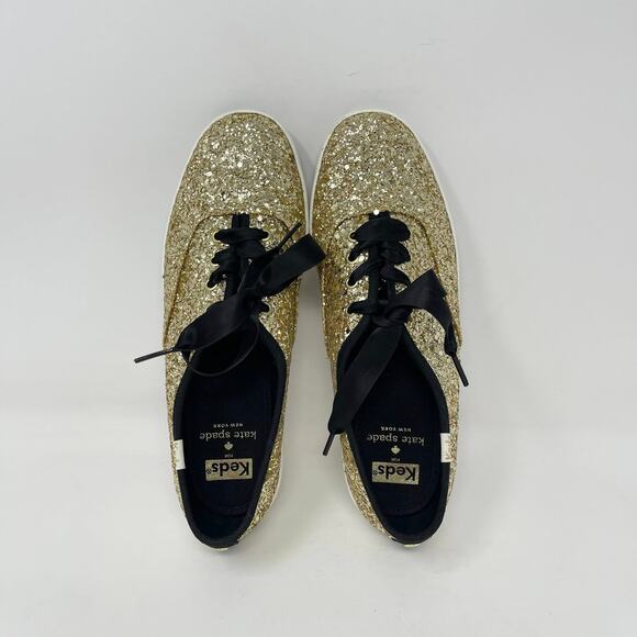 Keds x Kate Spade Glitter Lace Up Sneaker Womens 7 Gold Glitter Black Ribbons - Picture 6 of 9